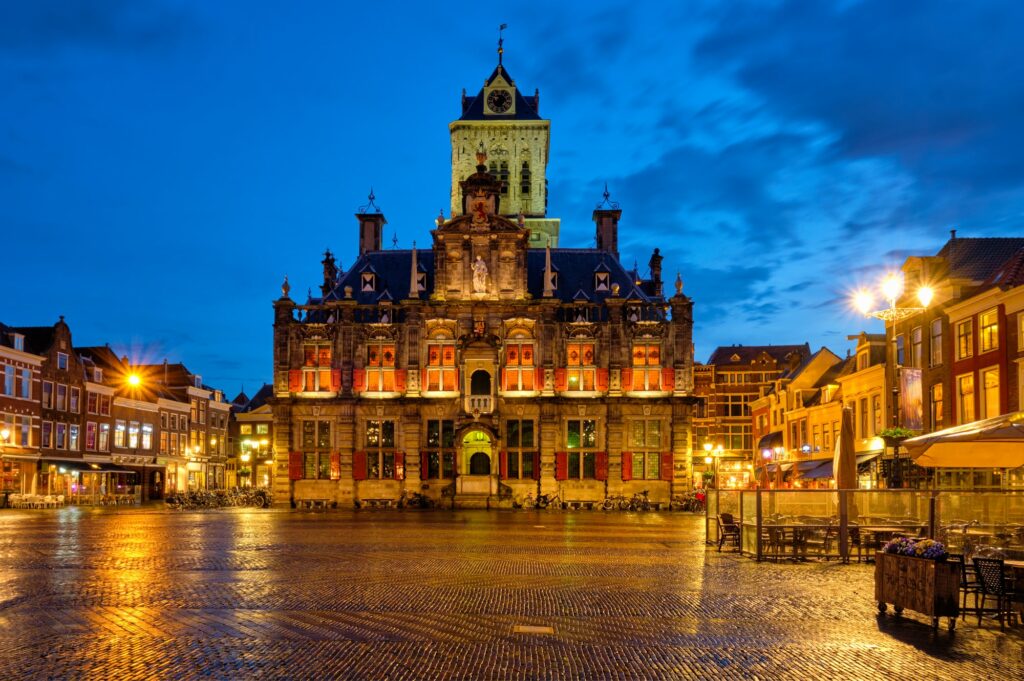 Delft Market Square Markt in the evening. Delfth, Netherlands