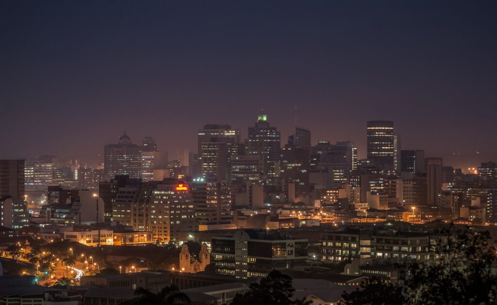 Durban city by night in South Africa.