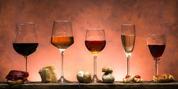 Wine and food pairing set on table