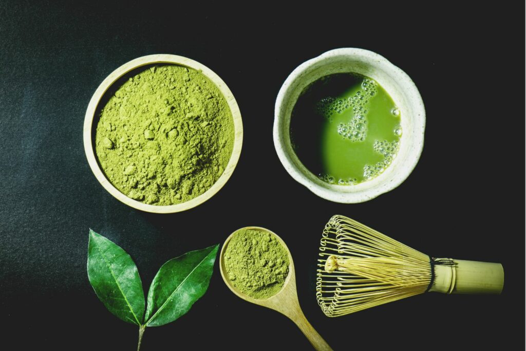 Matcha whisk, tea bowl, and green tea powder
