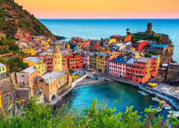 majestic cinque terre towns - mediterranean buildings on the hill