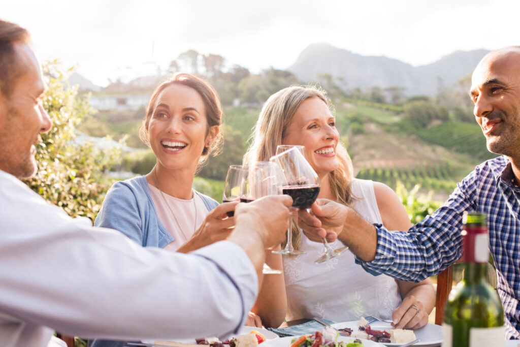 friends toasting in winery, hunter valley, joyous celebration
