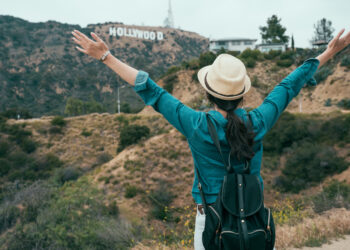 Woman looking at the Hollywood sign