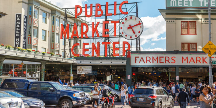 Pike Place Market or Public Market Center in summer season, Seattle, Washington, USA