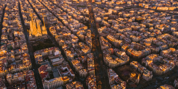 Sagrada Familia cathedral and Barcelona cityscape in Spain