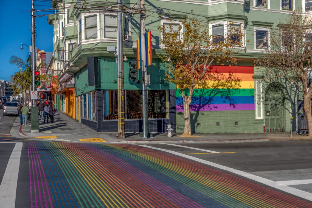 Colorful Castro District rainbow crosswalk in San Francisco