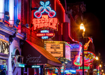 Neon signs on Lower Broadway Area on November 11, 2016 in Nashville, Tennessee, USA