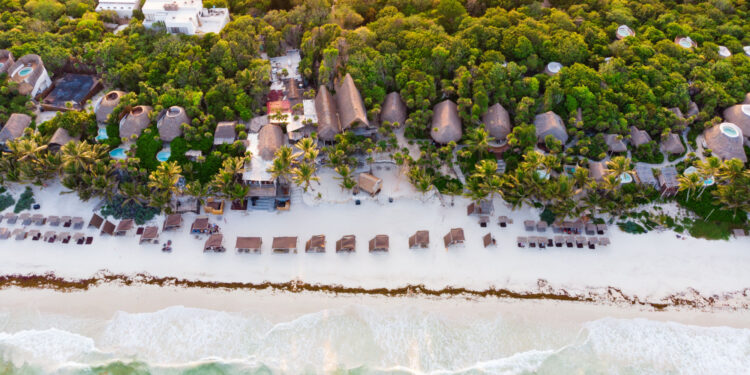 Aerial view of Tulum resorts, Quintana Roo, Mexico