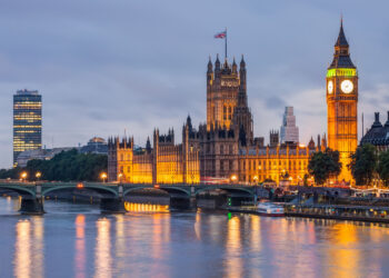 View of the Big Ben and Westminster Bridge at dusk, London, UK