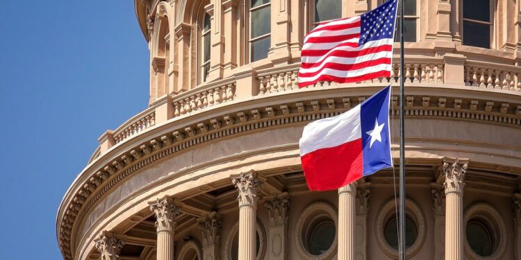American and Texas State Flag on the Dome of Texas State Capitol