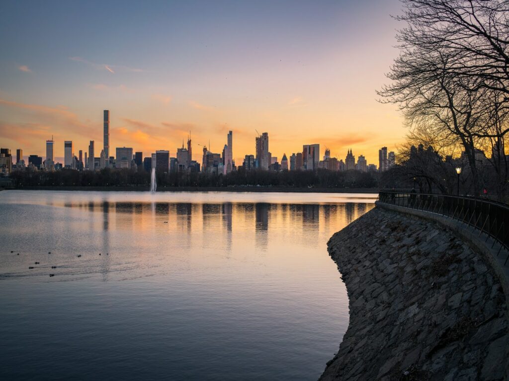 Dusk From the Central Park Reservoir With the View of New York City Skyline
