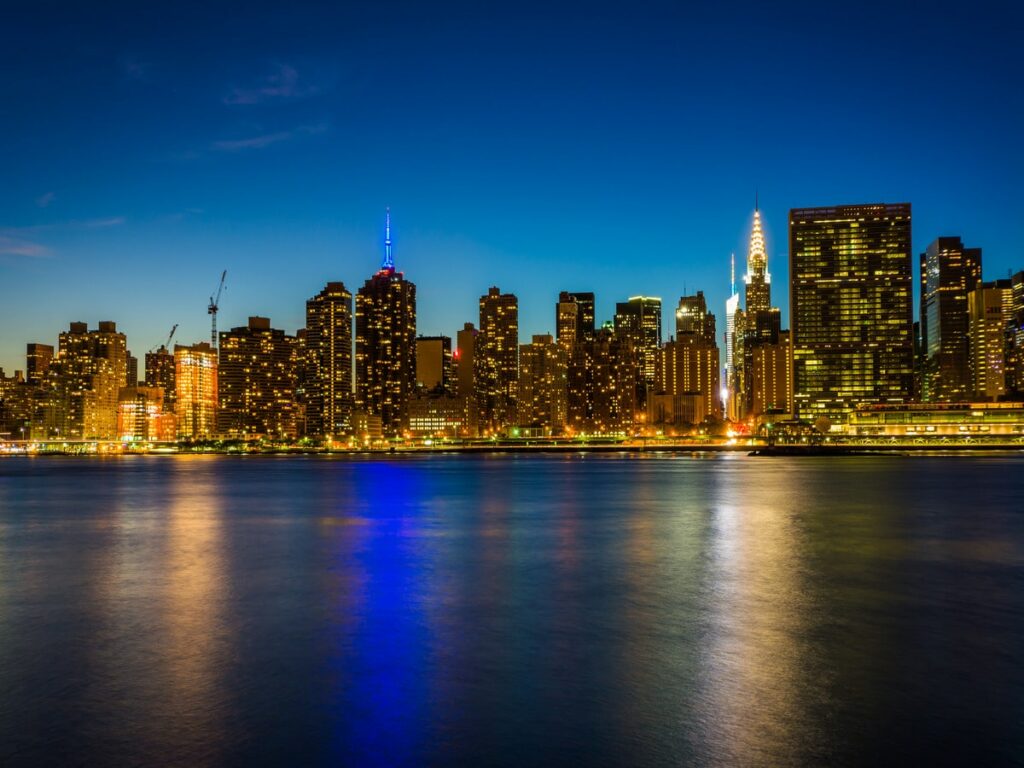 View of the New York City skyline at night, from Gantry Plaza State Park