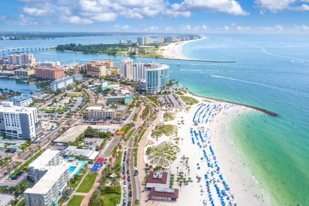 Beautiful view of hotels and resorts on Clearwater Beach, Florida