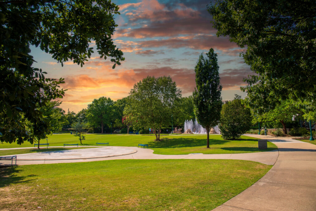 Landscape at Coolidge Park with lush green trees, grass and plants, Chattanooga, Tennessee