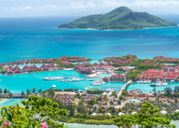 Red roofs of Eden Island, aerial view of Seychelles