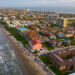 aerial drone view above south padre island beach, one of the islands in texas