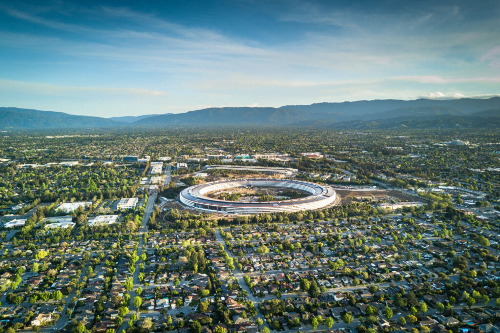 Aerial photo of Apple new campus building, Silicon Valley California USA