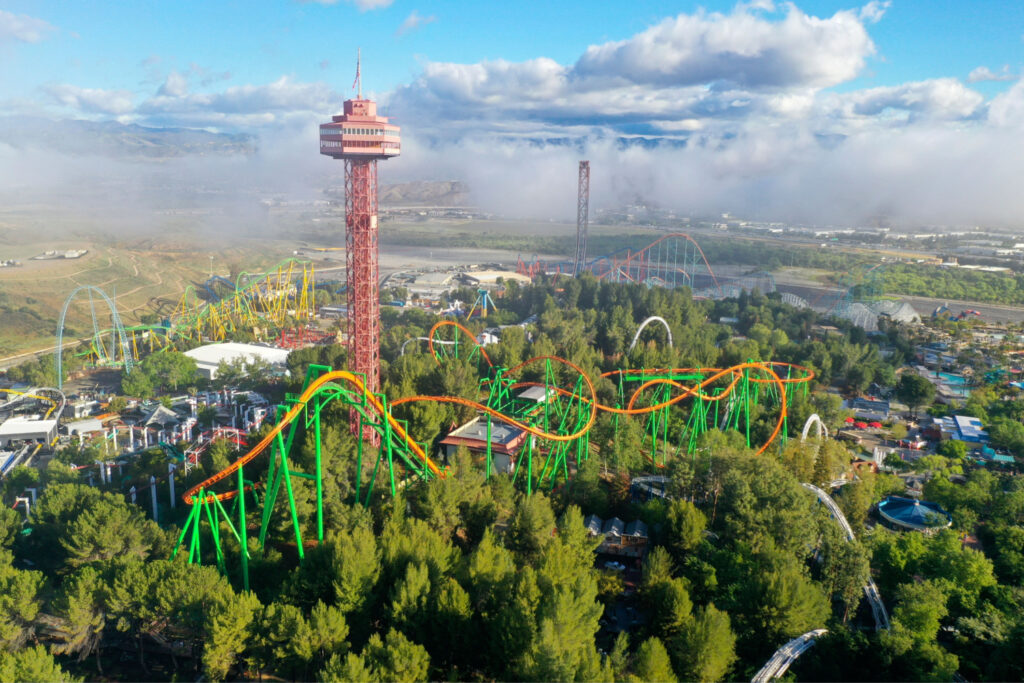Aerial view of Six Flags Magic Mountain Amusement Park