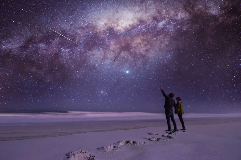 a couple gazing in awe and pointing at a shooting star on the beach