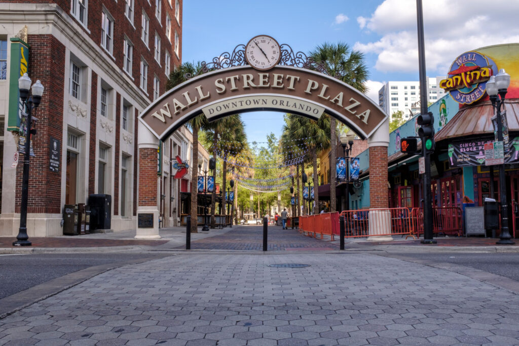 the new sign in front of wall street plaza in downtown orlando