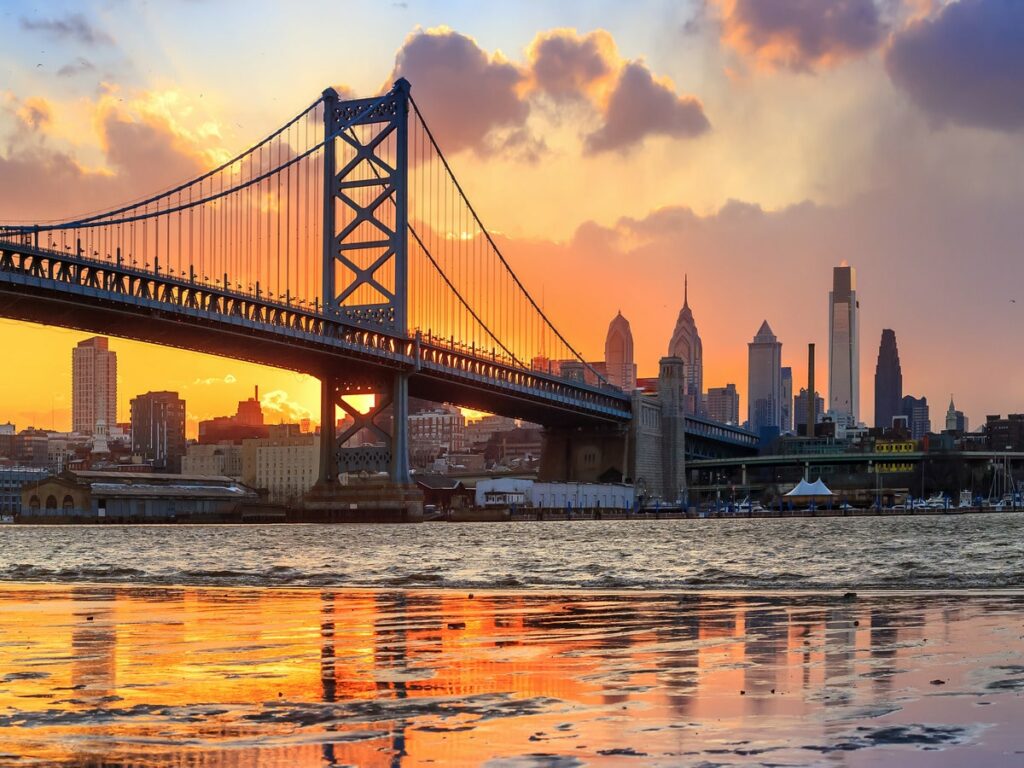 Philadelphia skyline, Ben Franklin Bridge and Penn's Landing sunset