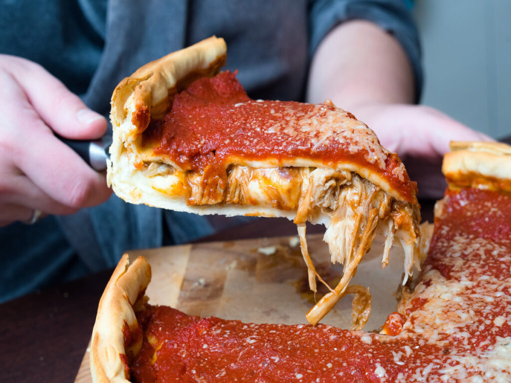 Chicago style deep dish italian cheese pizza