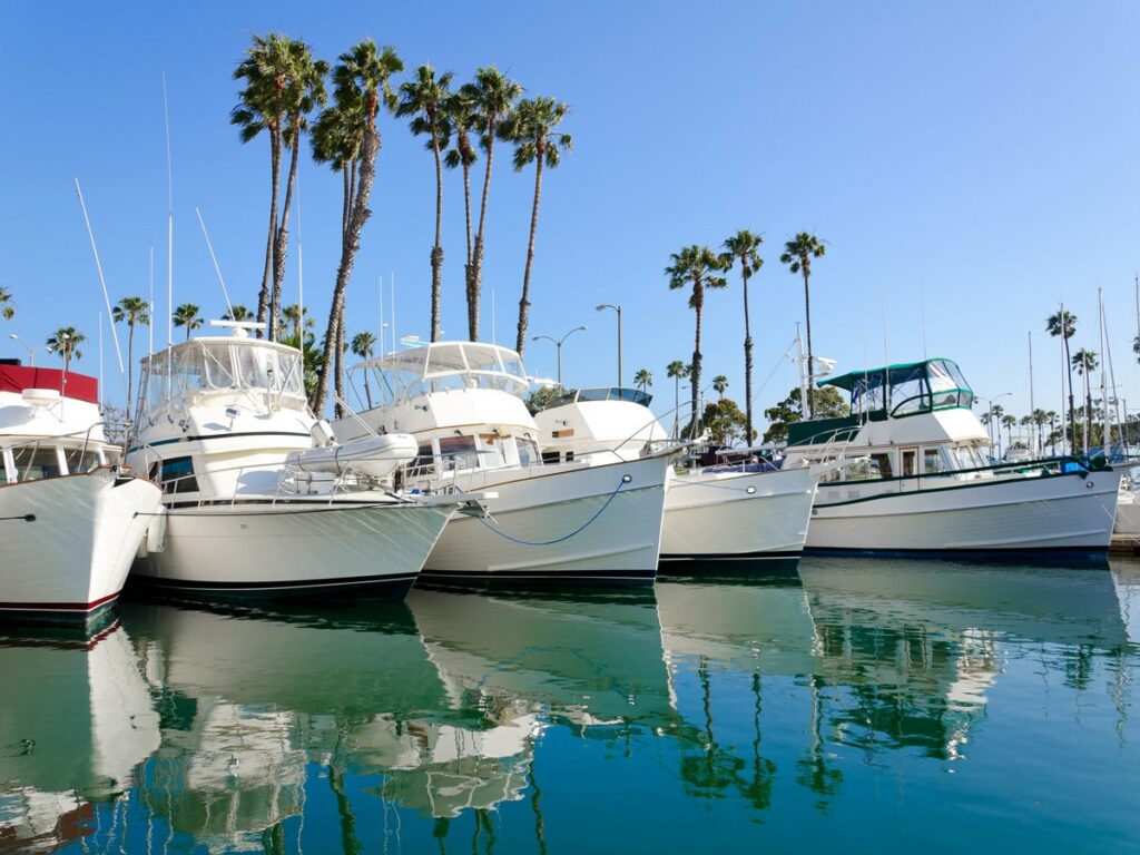boats moored in the Long Beach, California marina