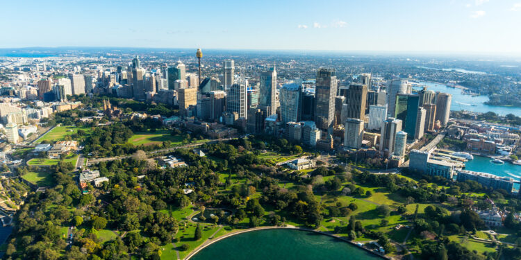 Aerial view Sydney Central Business District and Royal Botanic Gardens. View on Sydney harbourside suburbs from above.