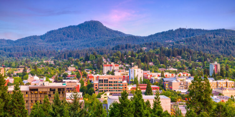 Aerial view of Eugene, Oregon's downtown cityscape at dusk