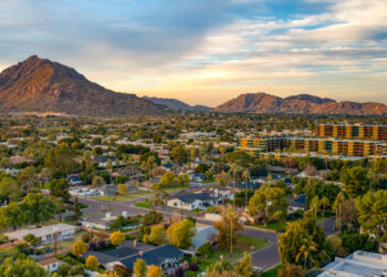 Sunset paints the urban skyline of downtown Scottsdale, Arizona