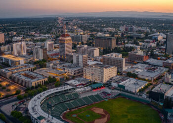 Aerial view of the Fresno, California skyline at dusk