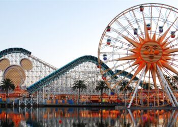 The Ferris Wheel, roller coaster and rides of Disneyland Park, Anaheim California